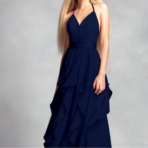 White by Vera Wang Long Chiffon Halter Cascading Bridesmaid Dress in Midnight - Picture 14 of 14